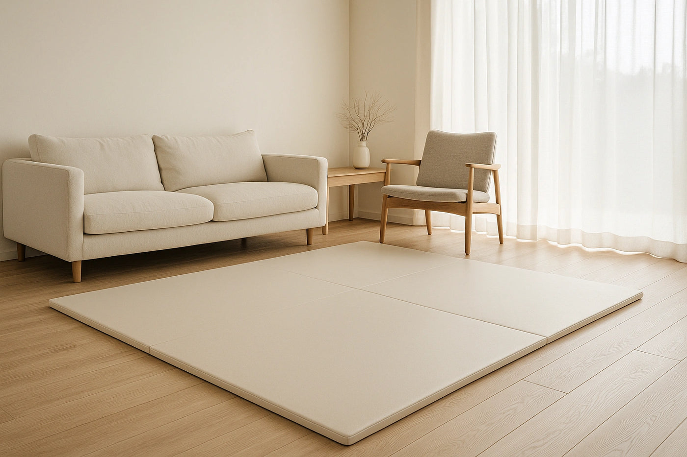 ナチュラルなリビングに敷かれた大判プレイマットとミニマル家具が並ぶ、柔らかい光に包まれた落ち着いた空間の写真。